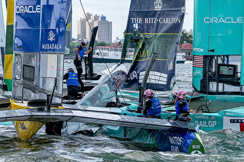 Collision involving United States SailGP Team Mubadala Brazil SailGP Team at the start of Race 3 on Day 2 - Mubadala New York Sail GP - New York, USA - May.31, 2026 - photo © Ricardo Pinto/SailGP