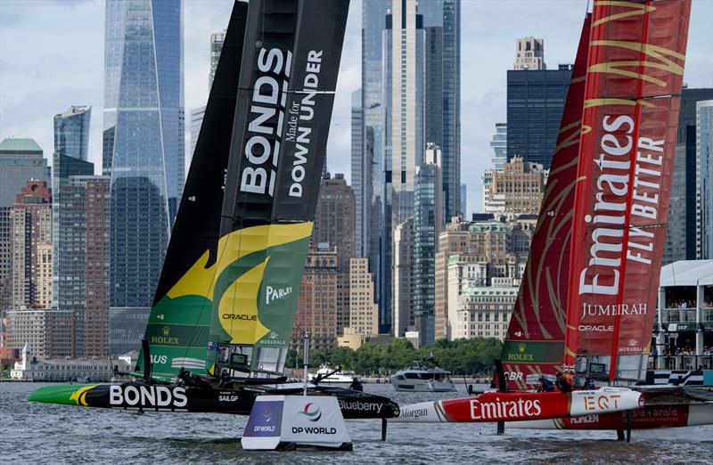 Emirates Great Britain SailGP Team driven by Dylan Fletcher trail BONDS Flying Roos SailGP Team driven by Tom Slingsby on the final turn on Race Day 2 of the Mubadala New York Sail Grand Prix - photo © Ricardo Pinto for SailGP