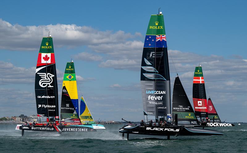 Black Foils, Northstar Canada and Brazil and Switzerland off Southsea - SailGP Great Britain - July 26, July 2026 photo copyright Ricardo Pinto/SailGP taken at Portsmouth Navy Yacht Club and featuring the F50 class