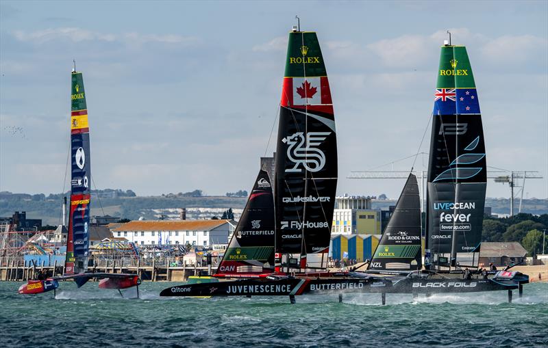 Black Foils, Northstar Canada and Los Gallos off Southsea - SailGP Great Britain - July 26, July 2026 photo copyright Ricardo Pinto/SailGP taken at Portsmouth Navy Yacht Club and featuring the F50 class