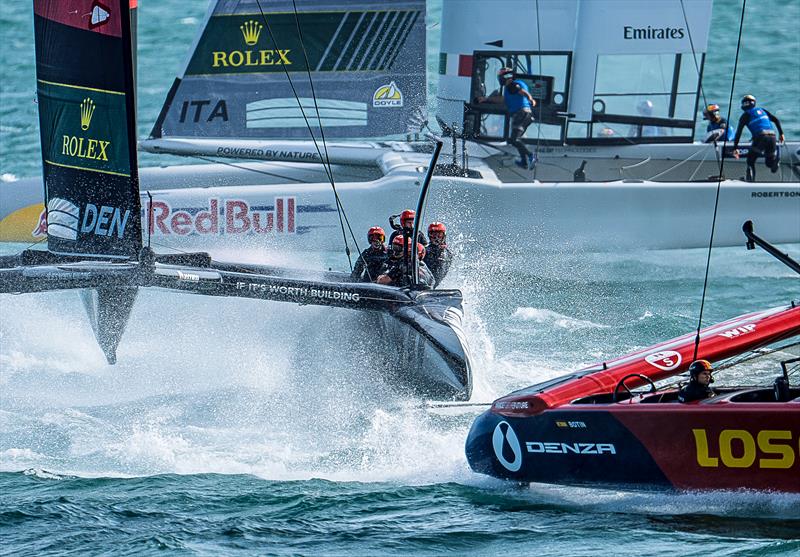 Los Gallos  ahead of Rockwool Denmark  - Day 1 - Emirates Great Britain SailGP - Portsmouth - July 25, 2026 photo copyright Jason Ludlow/SailGP taken at Portsmouth Navy Yacht Club and featuring the F50 class