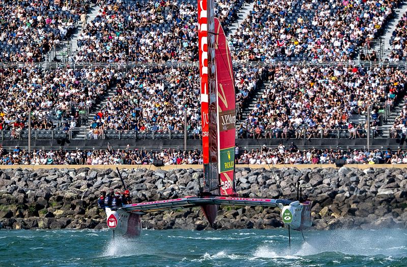 Emirates Great Britain heads for the fans in the grandstand  - Day 1 - Emirates Great Britain SailGP - Portsmouth - July 25, 2026 photo copyright Ricardo Pinto/SailGP taken at Portsmouth Navy Yacht Club and featuring the F50 class