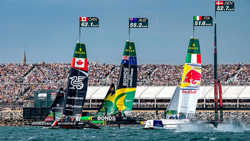 F50s racing past the fans at  30kts upwind - Day 1 - Emirates Great Britain SailGP - Portsmouth - July 25, 2026 photo copyright Felix Diemer/SailGP taken at Portsmouth Navy Yacht Club and featuring the F50 class