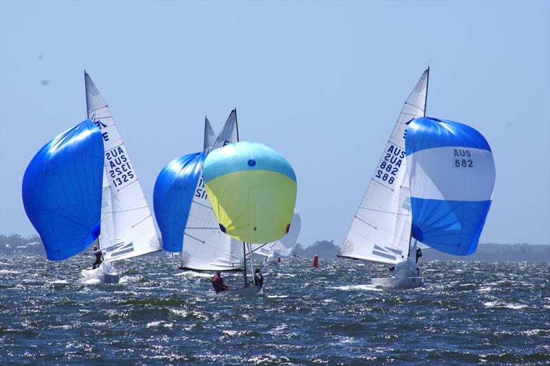 David Ham and Finn Buckley on Green Eggs and Ham AUS32 sail head of the fast-finishing Etchells fleet, towards the finish line and a sixth place in race four of the Flying Dutchman 2026 Australian Championship - photo © Jeanette Severs