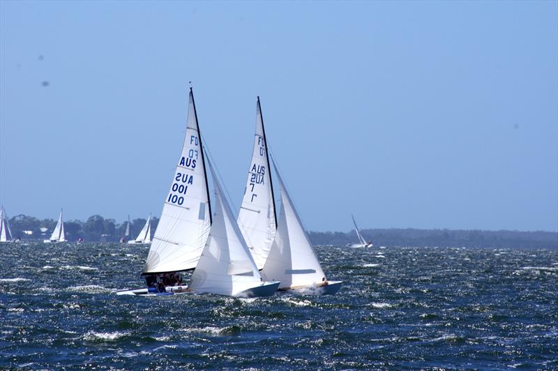 It is a close race for Rafe Heale and Tom Watson on Power AUS7 leading Matt Draper and Thomas Stuchbery on Freight Train AUS001 at the leeward mark, in race five of the Flying Dutchman 2026 Australian championship regatta - photo © Jeanette Severs