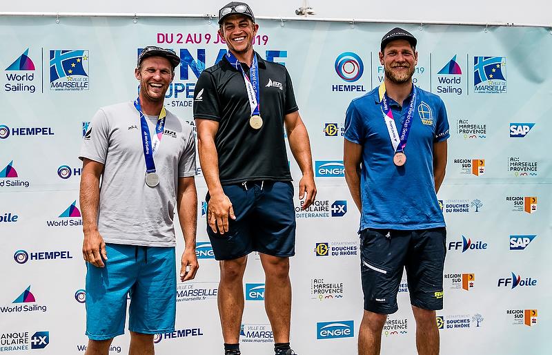 Josh Junior - Gold medalist and Andy Maloney - Silver medalist -  Max Salminen (SWE) - Bronze medalist - Finn class - Hempel Sailing World Cup Final - Marseille - June 2019 - photo © Sailing Energy