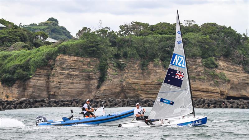 Tokyo2020 - Day 3 - July, 27, - Enoshima, Japan. Josh Junior and Coach Andy Maloney (NZL) Finn - heading to their start on the Kamakura Course - photo © Richard Gladwell - Sail-World.com / nz