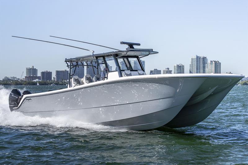 Invincible 46 underway - bow out, steps for lift, and asymmetric hull design for turn in. Cool - photo © Invincible Boats