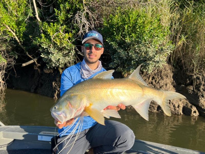 Dane hitched a ride with Logan and they tempted a few average threadies. Soft vibes worked well, as did shrimp imitations - photo © Fisho's Tackle World
