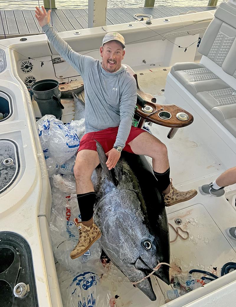 Crew on board an Invincible 46' cat land an 884 pound Atlantic Bluefin tuna - a Texas record - photo © Catillac