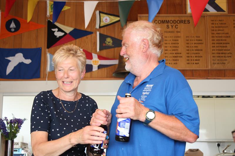 Steve Gaughan awarded the last finisher's “Fleet Prop” crew's beers but Liz Train doesn't seem to want to let go at the Scottish Flying Fifteen Championship photo copyright Lindsay Tosh taken at Solway Yacht Club and featuring the Flying Fifteen class