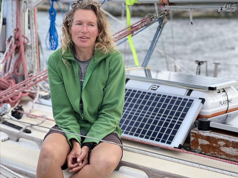 Kirsten Neuschäfer talks with organizers while at the Hobart, Tasmania, `film gate.` photo copyright GGR2022 taken at  and featuring the Golden Globe Race class