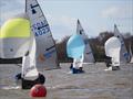 Matt and Chris in control, Andy and Jasper battling behind during the P&B GP14 2026 UK Inland Championship &copy; Greg Craig / WHSC