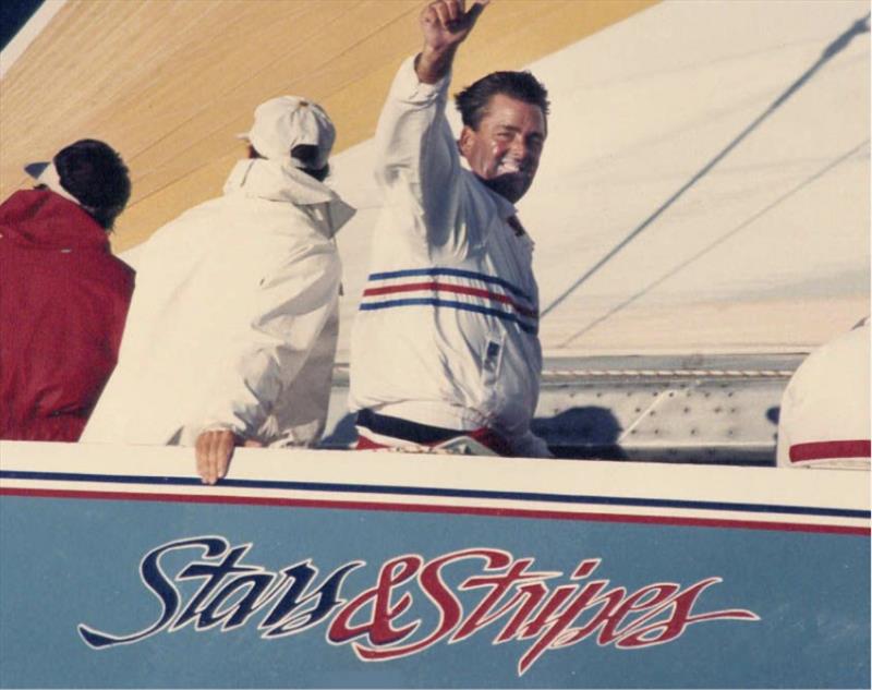 In 1987, skippering 'Stars & Stripes' Dennis Conner and his team wins back the America's Cup in Fremantle. The team's Henri-Lloyd kit featured a hooped red and navy stripe across the front of the jacket for the first time - photo © Henri-Lloyd