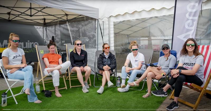 Participating sailors in the sailing forum at the 2023 Moth Worlds from left: Hattie Rogers (GBR), Lisa Schweigert (GER), Helena Scutt (USA), Emily Nagel (BER), Bella Fellows (GBR), Josie Gliddon (GBR), Franzi Mage (GER) photo copyright Mark Jardine / IMCA UK taken at Weymouth & Portland Sailing Academy and featuring the International Moth class