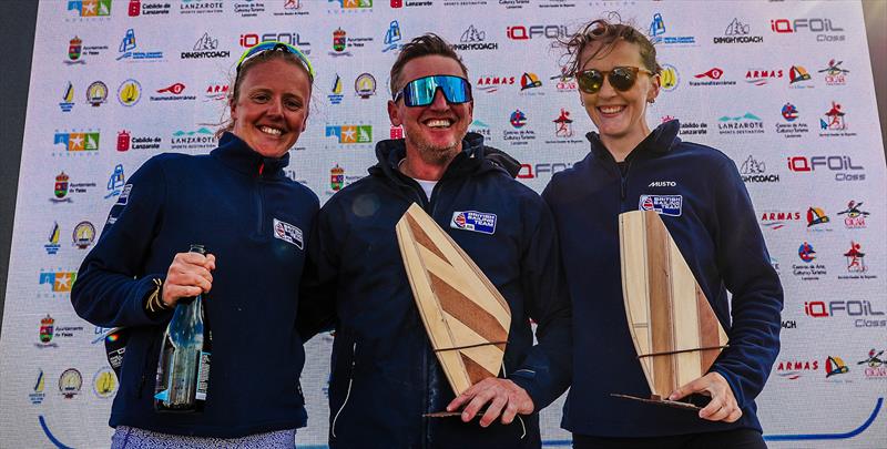 iQFOiL athletes Emma Wilson (left) and Islay Watson (right) with coach Sam Ross photo copyright Sailing Energy / iQfoil Class taken at Royal Yachting Association and featuring the iQFoil class