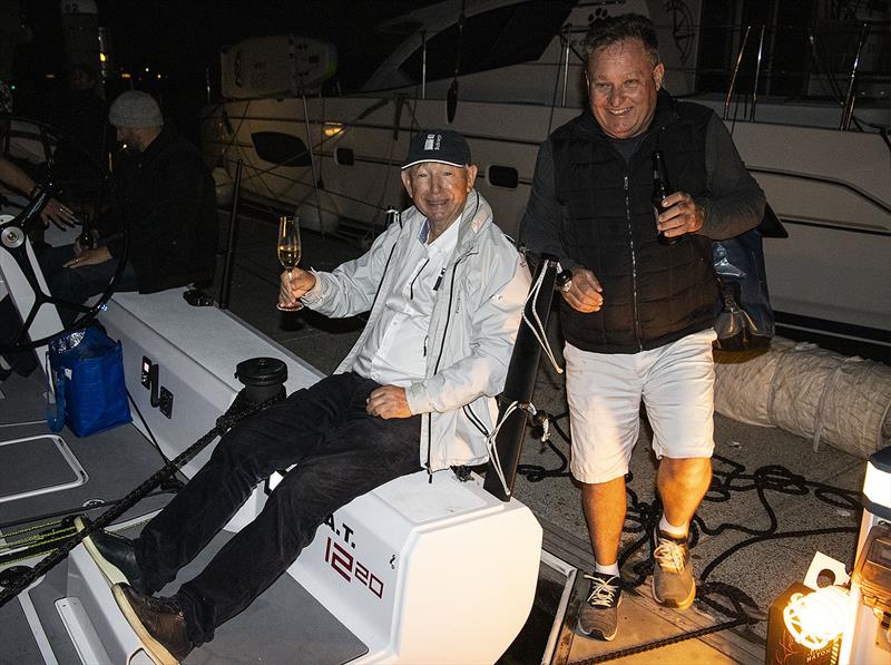 Gerry Hutton demonstrates his custom seating position placed in both quarters, as Jamie MacPhail helps celebrate the arrival of the new M.A.T.1220, Bushranger - photo © John Curnow