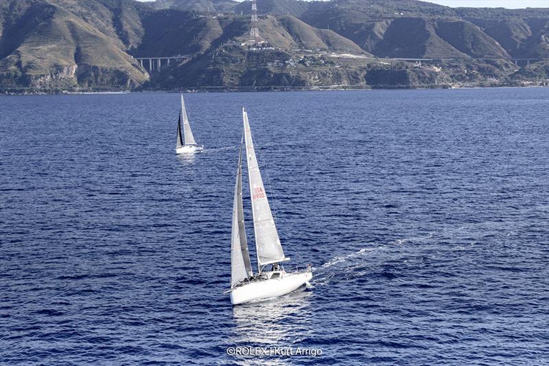 2023 Rolex Middle Sea Race - Red Ruby, Sail no: USA 68900, Skipper: Christina & Justin Wolfe, Owner: Christina & Justin Wolfe, Country: United StatesZephyr, Sail no: GBR 1394R, Model: Sun Fast 3300, Skipper: Simon Toms, Owner: Simon Toms photo copyright Kurt Arrigo taken at Royal Malta Yacht Club and featuring the IRC class