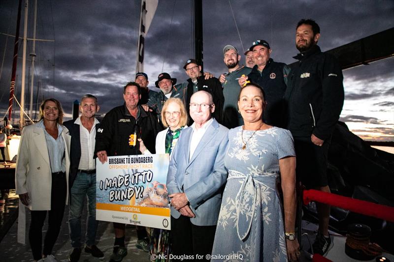 Wedgetail crew on the dock in Bundaberg with Her Excellency the Governor of Queensland, Dr Jeannette Young AC PSM, her husband Professor Graeme Nimmo RFD, and Bundaberg Region Mayor Helen Blackburn - photo © @sailorgirlhq