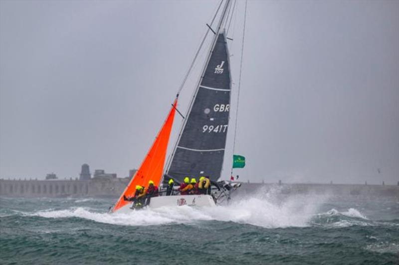 Dr Peter Rowe's J/109 Ju Kyu at Hurst Castle shortly before assisting the sinking yacht Vari - photo © Kurt Arrigo / Rolex