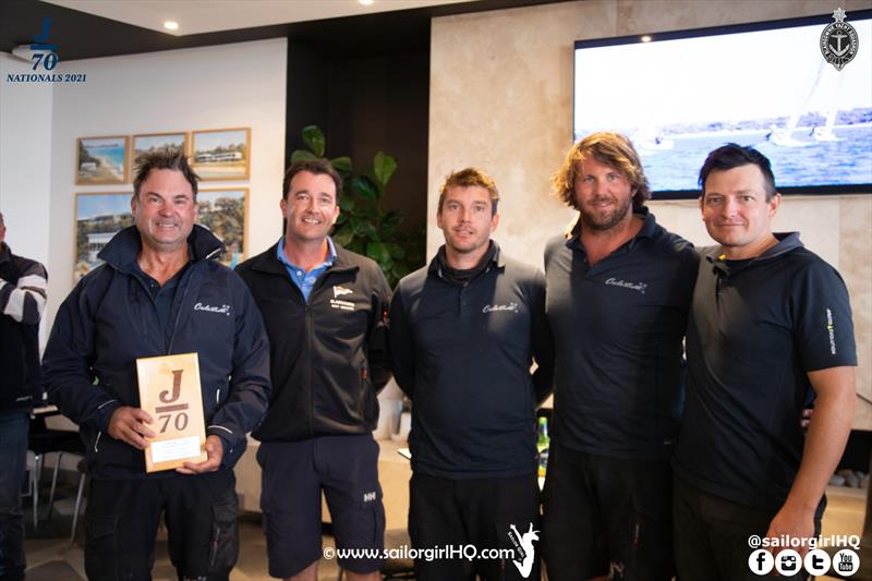 2021 J70 Australian Championships 2nd overall, Celestial (l-r) Sam Haynes, Matt McCarthy, Vice Commodore BYS, Johnny Warren, Locky Pryor, David Chapman photo copyright Nic Douglass / www.AdventuresofaSailorGirl.com taken at Blairgowrie Yacht Squadron and featuring the J70 class