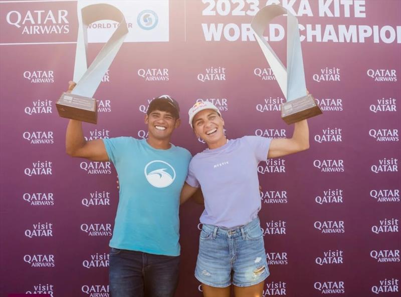 Bruna Kajiya and Carlos Mario - Visit Qatar GKA Freestyle Kite World Cup Finals photo copyright Svetlana Romantsova taken at  and featuring the Kiteboarding class