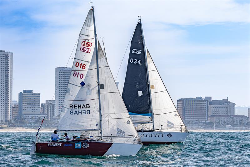Side by side, MH Performance Sailing teams Element skippered by Nicolene Henkeman and Velocity skippered by Anna Correa head up to the top mark on day five of the MSC Week hosted by Point YC. MH Performance Sailing was launched on the eve of the regatta photo copyright Chirs Clark taken at Point Yacht Club, South Africa and featuring the L26 class