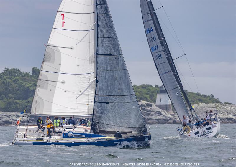 Richard Feeny's (New Bedford, Mass.) youth team aboard the Figaro 2 Douze Etoiles crosses behind Eric Wolf's (Bayville, N.Y.) J/121 COUCOU in the 2023 Ida Lewis Distance photo copyright Stephen R Cloutier taken at Ida Lewis Yacht Club and featuring the Figaro class
