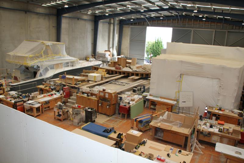 Two of the yards in the 2500sq metre build facility - LLoyd Stevenson Boatbuilders - September 2022 photo copyright Richard Gladwell - Sail-World.com/nz taken at Bucklands Beach Yacht Club and featuring the  class