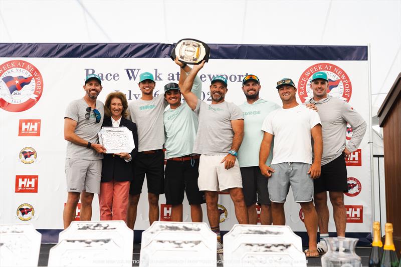 Ryan McKillen's Surge at New York Yacht Club Race Week Awards Ceremony. (L to R) Taylor Canfield, NYYC Commodore Clare Harrington, Mitchell Callahan, Ian “Pallets” Iles-Lee, Sam Loughborough, Ted Hackney, Orrin Starr, Will Tiller - photo © Hannah Lee Noll