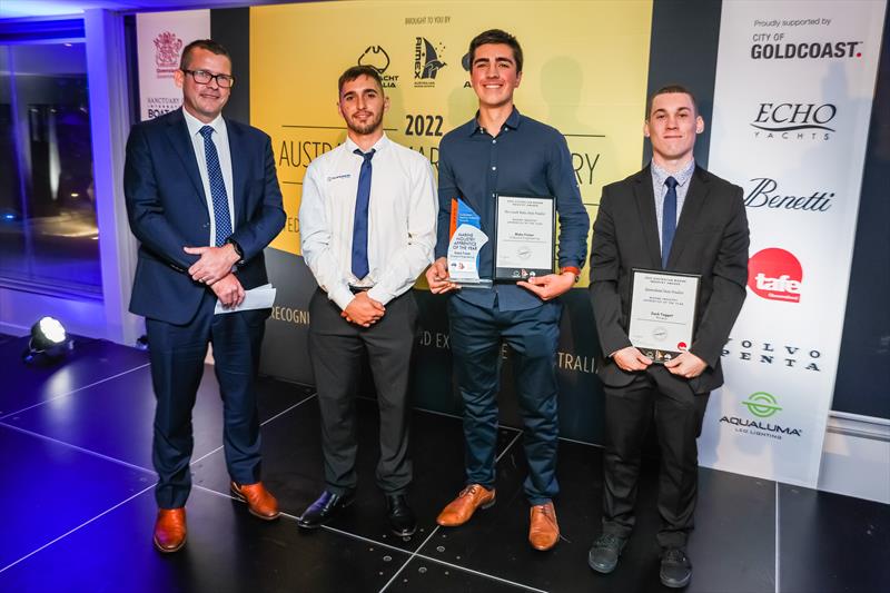 Blake Frazer, Onboard Engineering presented with a 2022 Australian Marine Industry Award by Simon Hislop, TAFE QLD and last year's ‘Apprentice of The Year' award-winner Robert Smith, Superior Jetties photo copyright Salty Dingo taken at  and featuring the Marine Industry class