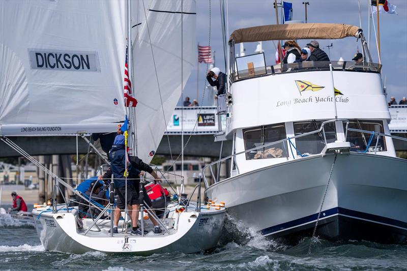 Dickson and Hood bring the action close to the Race Committee Boat - 2024 Congressional Cup photo copyright Ian Roman/WMRT taken at Long Beach Yacht Club and featuring the Match Racing class