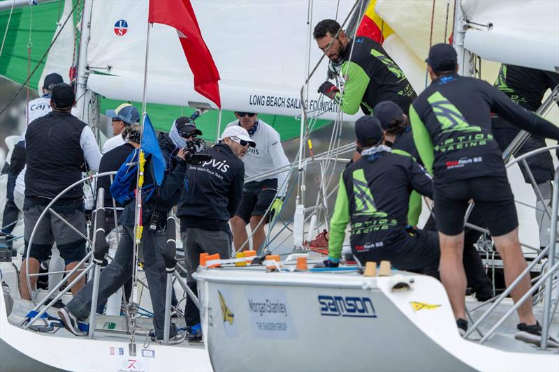 Monnin (left) and Poole (right, with crew Joachim Aschenbrenner, Ben Lamb, Mal Parker, Rob Scivenor, Harry West) meet in the pre-start of the finals of the 60th Congressional Cup - photo © Ian Roman / WMRT