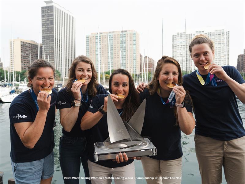 2025 Women's Match Racing World Champions - Match in Pink by Normandy Elite (From left to right: Sophie Faguet, Maëlenn Lemaitre, Pauline Courtois, Louise Acker,  Laurane Mettraux) photo copyright Hannah Lee Noll taken at Chicago Yacht Club and featuring the Match Racing class