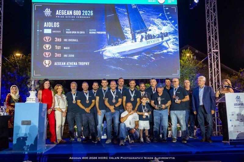 George Procopiou's Volvo 70 AIOLOS (GRE) team filled the stage as the largest crew in the event, winners of the Maxi class and the Aegean Athena Trophy - photo © Nikos Alevromytis / Alen Photography