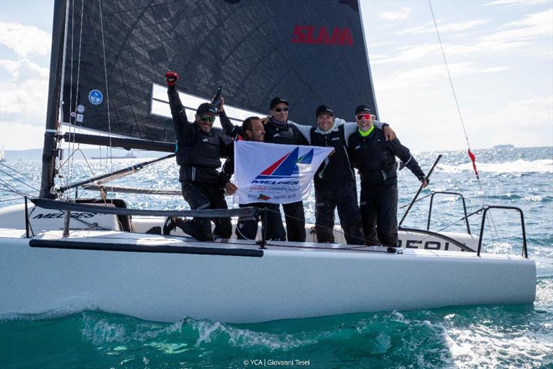Peter Karrie's NEFELI (GER) with Alessandro Franci, Niccolò Bianchi, Saverio Cigliano, and Karlo Hmeljak, supported by coach Simon Sivitz Kosuta - Melges 24 World Championship 2025, Trieste, Italy - photo © YCA / Giovanni Tesei