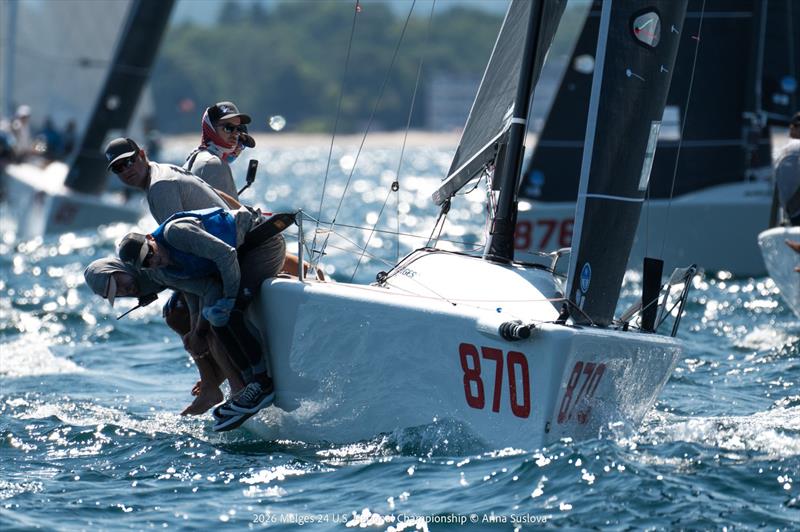 Reigning U.S. National Champion Cuyler Morris drives Dark Horse upwind through picture-perfect conditions on Grand Traverse Bay—a spectacular backdrop for the opening day's photo - photo © Anna Suslova