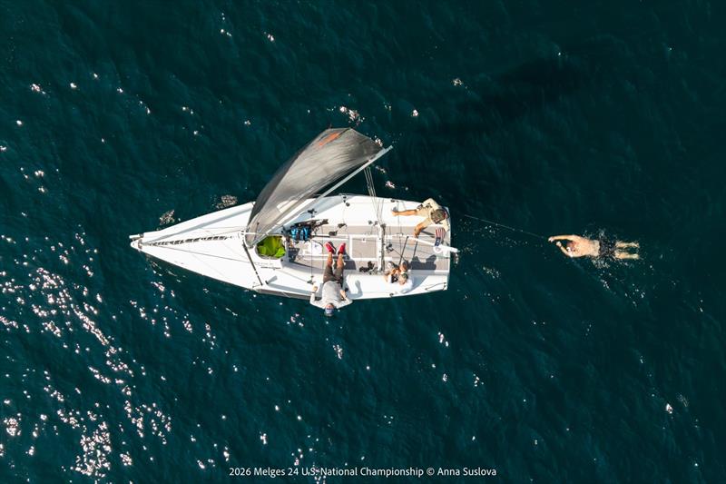 THE ART OF THE WAIT: Seen from above, a Melges 24 team makes most of Saturday's on-the-water postponement. While breeze settled and Race Committee waited for reliable breeze, crews found creative ways to stay active, focused, entertained prior to racing - photo © Anna Suslova