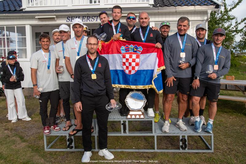 The overall podium - RAZJAREN (CRO), MELGINA (ITA) and NIKA (MON) - Melges 24 European Championship 2026 - Tønsberg, Norway - photo © Trond Teigen / SailLogic