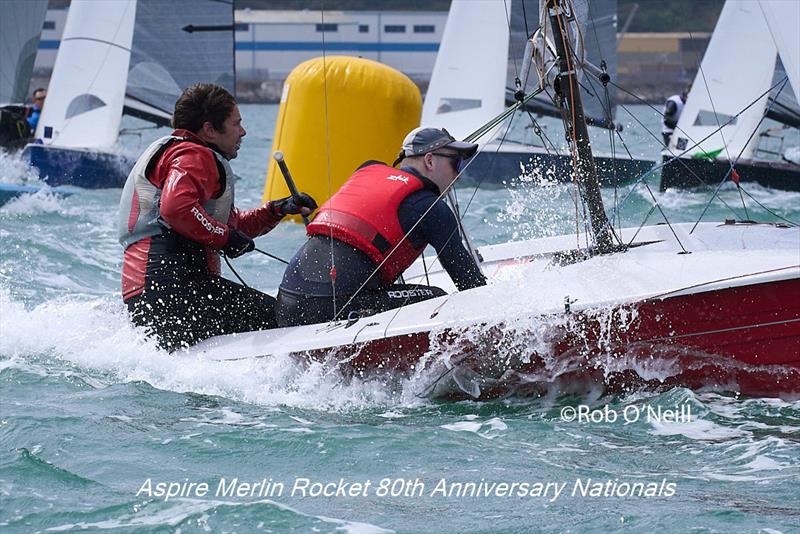 Chris Martin and Josh Oates clear the windward mark on the second beat of the first race on day 3 of the Aspire Merlin Rocket Nationals at the WPNSA - photo © Rob O'Neill