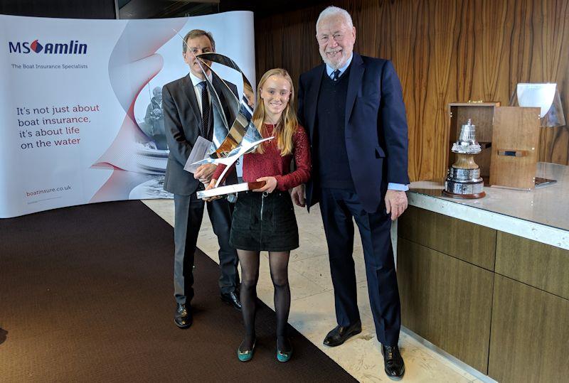Emily Mueller is presented with the YJA Young Sailor of the Year Award 2018 by Sir Robin Knox-Johnston - photo © Yachting Journalists' Association