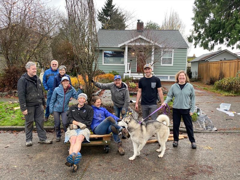 A small army celebrates a successful tree-removal session photo copyright David Schmidt taken at Bellingham Yacht Club