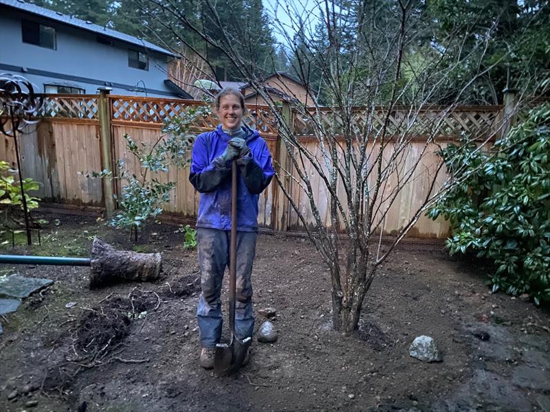 The author's wife, celebrating a hopefully successful tree-rescue mission in 2021 - photo © David Schmidt