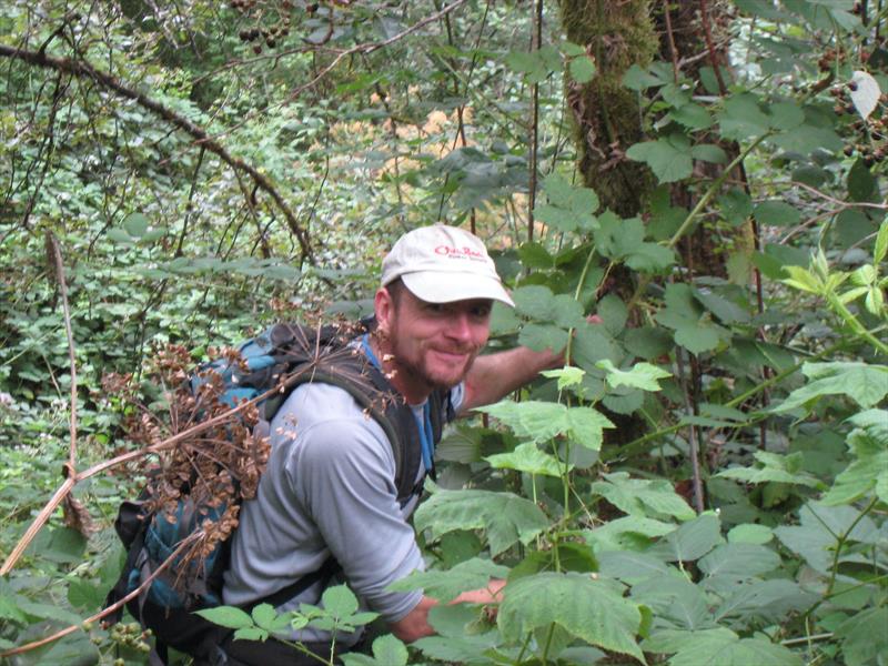 Mike Sullivan, the day after the author's wedding, on one of his many deep dives into blackberry bushes to gather fresh berries. He somehow managed to avoid all thorns, while harvesting impressive yeilds photo copyright David Schmidt taken at Bellingham Yacht Club