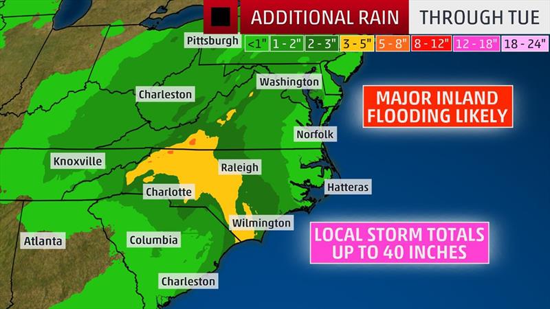 Florence Rainfall Outlook (This should be interpreted as a broad outlook of where the heaviest rain may fall and may shift based on the forecast path. Extreme amounts may occur where bands of rain stall over a period of several hours.) - photo © weather.com