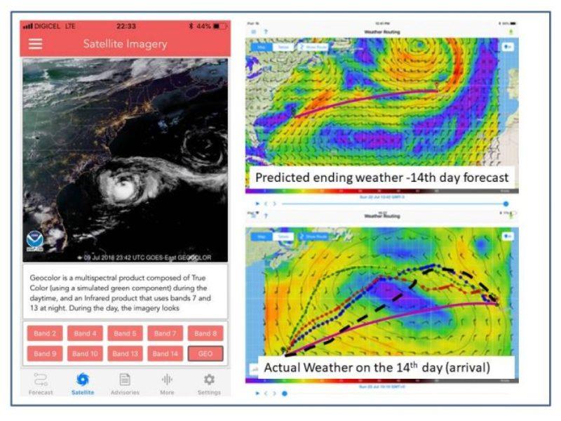 Hurricane Chris on July 9th, between USA and Bermuda. Last day of a 14 day weather prediction, and what really happened on 14th day out. Note how the predicted high had moved considerably north. Rhumb line is in pink and my actual track on black dashes photo copyright Rod Morris taken at 