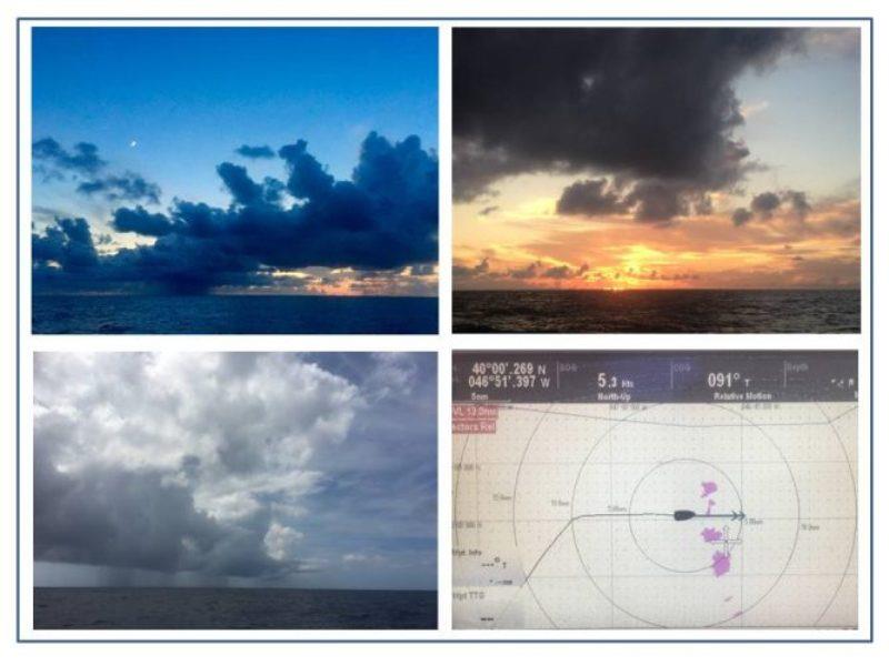 Sunset with a massive squall on the horizon. No green flash, but the sunsets were incredible each evening. A Radar plot showing a squall line and the actual squalls to the left. - photo © Rod Morris