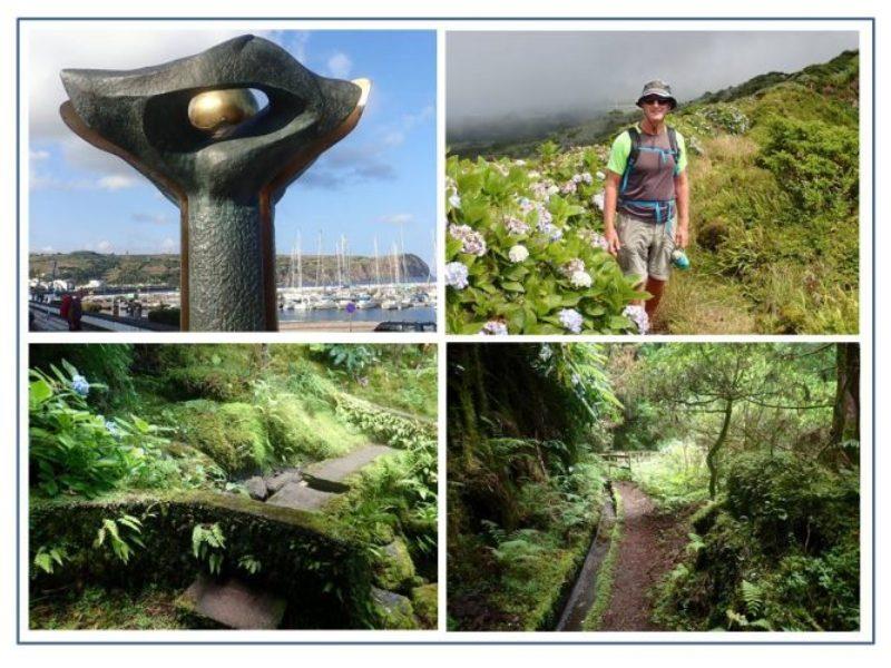 Public Art is common throughout Azores and includes sculptures, murals, mosaic roads and colorful banners. The Author hiking along the rim of Faial's Caldera. The stillness and quiet of the lush forests of the Lavada trail (canal works) was captivating. - photo © Rod Morris