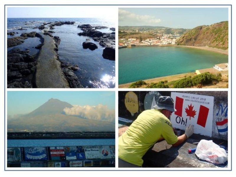 Natural seaside pools with walkways over sharp lava stone to swimming areas. Overlooking Horta and only sandy beach on island of Faial  it is a favorite spot for locals to enjoy evening sun. Painting Oh!'s mural on the marina's famous breakwater at Horta - photo © Rod Morris