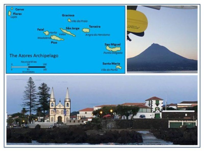 The Azores Archipelago. The semi-dormant 2351m summit of Mt. Pico dominates the skyline of Pico Island. Madalena harbour on Pico Island viewed from Oh! was one of our favorite Azores anchorages. - photo © Rod Morris